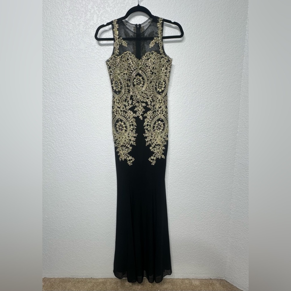 Black Gold Beaded Prom Dress Form Fitting Mesh Embroidered Women’s Size XS